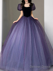 Purple Tulle Sequin Long Prom Dress, Purple Evening Dress