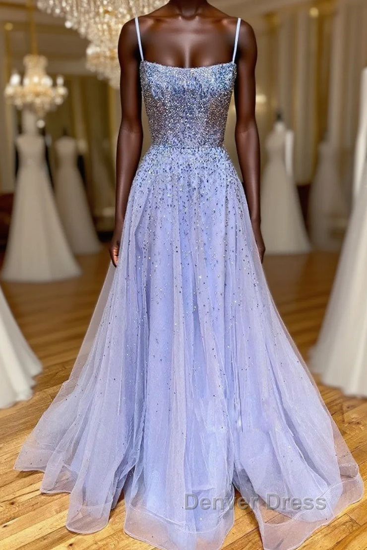 Purple tulle sequin long prom Dress tulle Prom Dresses Main image