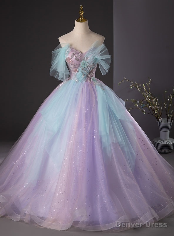 Purple Tulle Sequins Appliques Off the Shoulder Quinceanera Dress Main image