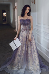 Purple Tulle Sequins Long Prom Dress, A-Line Strapless Evening Party Dress