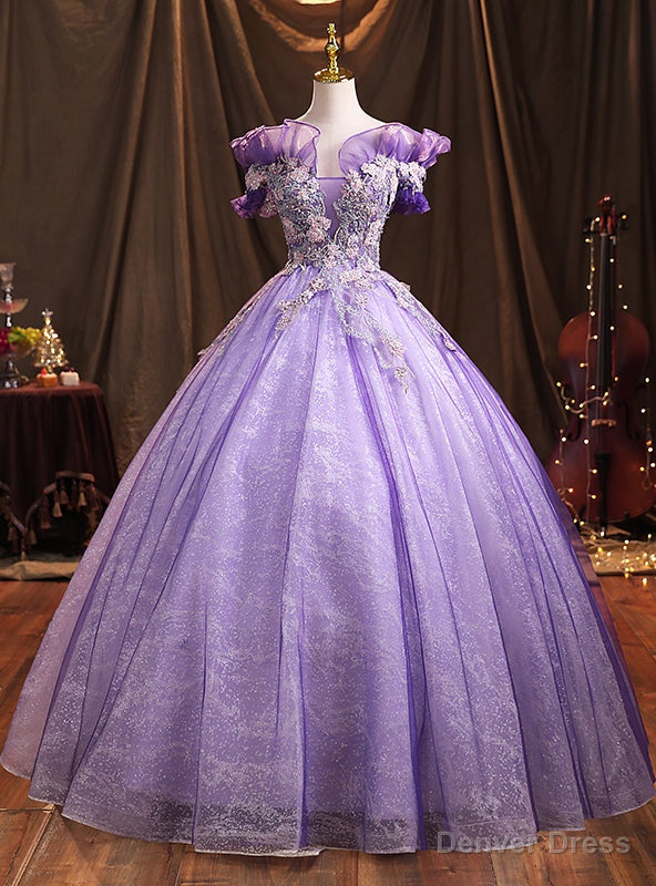 Purple Tulle Sequins Off the Shoulder Appliques Quinceanera Dresses Main image