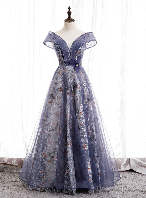 Purple Tulle Sequins Off the Shoulder Beading Prom Dress Main image