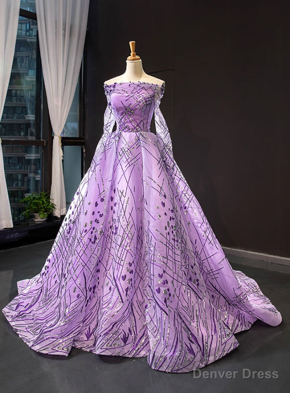 Purple Tulle Sequins Off the Shoulder Long Sleeve Prom Formal Dress Main image