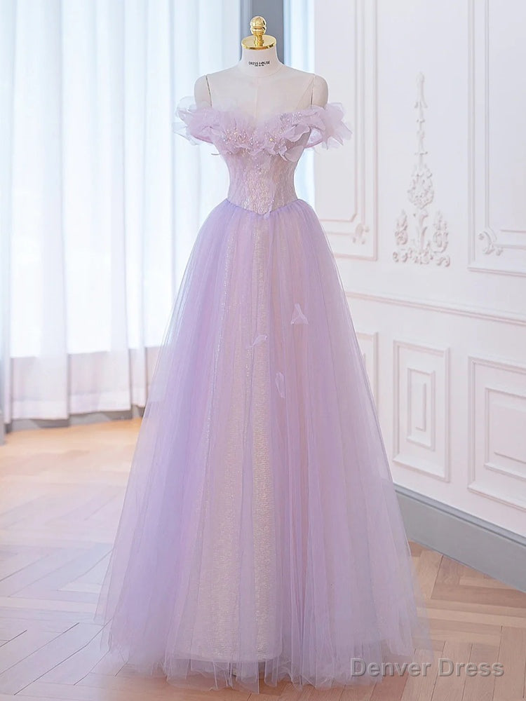 Purple Tulle Sequins Pearls Off the Shoulder Prom Dress Main image