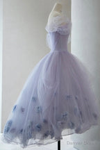 Purple Tulle Short A Line Prom Dress, Cute Off the Shoulder Prom Dresses