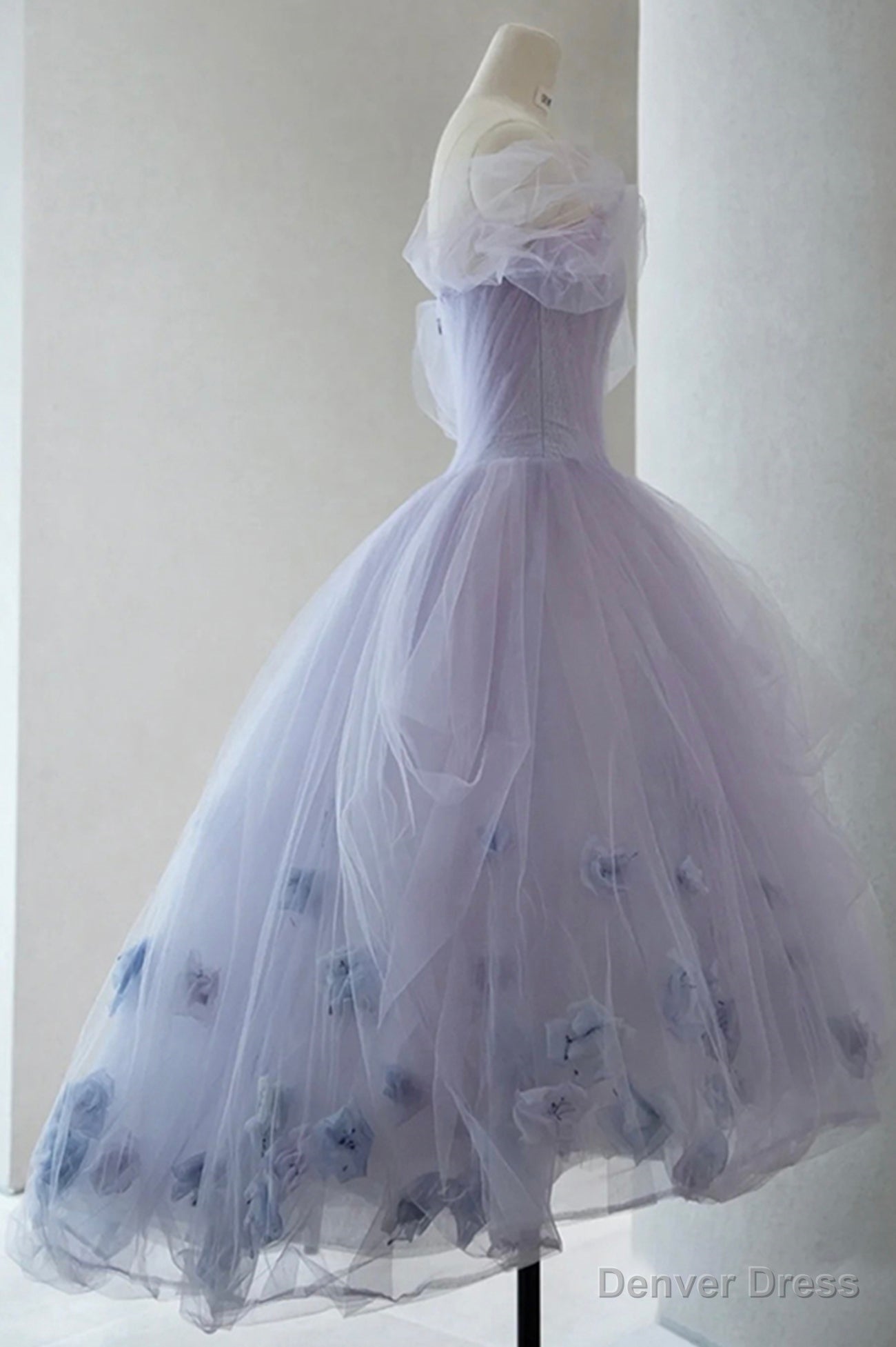 Purple Tulle Short A Line Prom Dress, Cute Off the Shoulder Prom Dresses