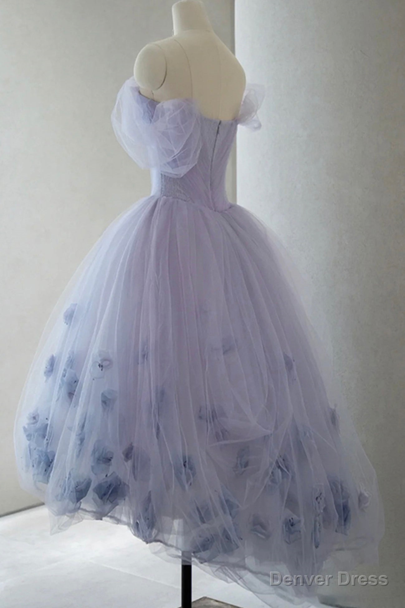 Purple Tulle Short A Line Prom Dress, Cute Off the Shoulder Prom Dresses