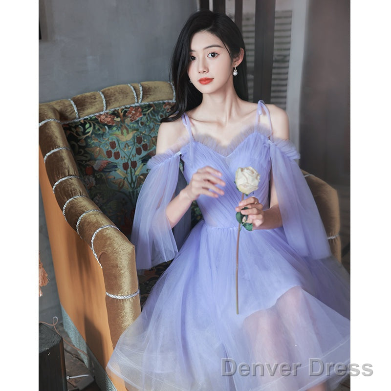 Purple Tulle Short Off Shoulder Homecoming Dress, Purple Prom Dresses