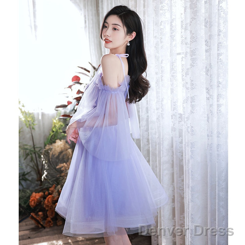Purple Tulle Short Off Shoulder Homecoming Dress, Purple Prom Dresses