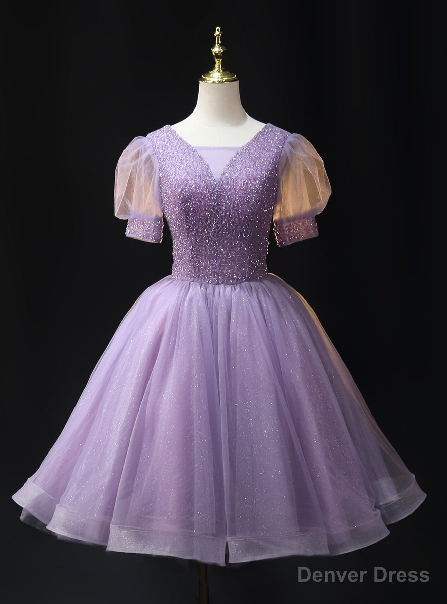 Purple Tulle Short Sleeve Beading Homecoming Dresses Main image