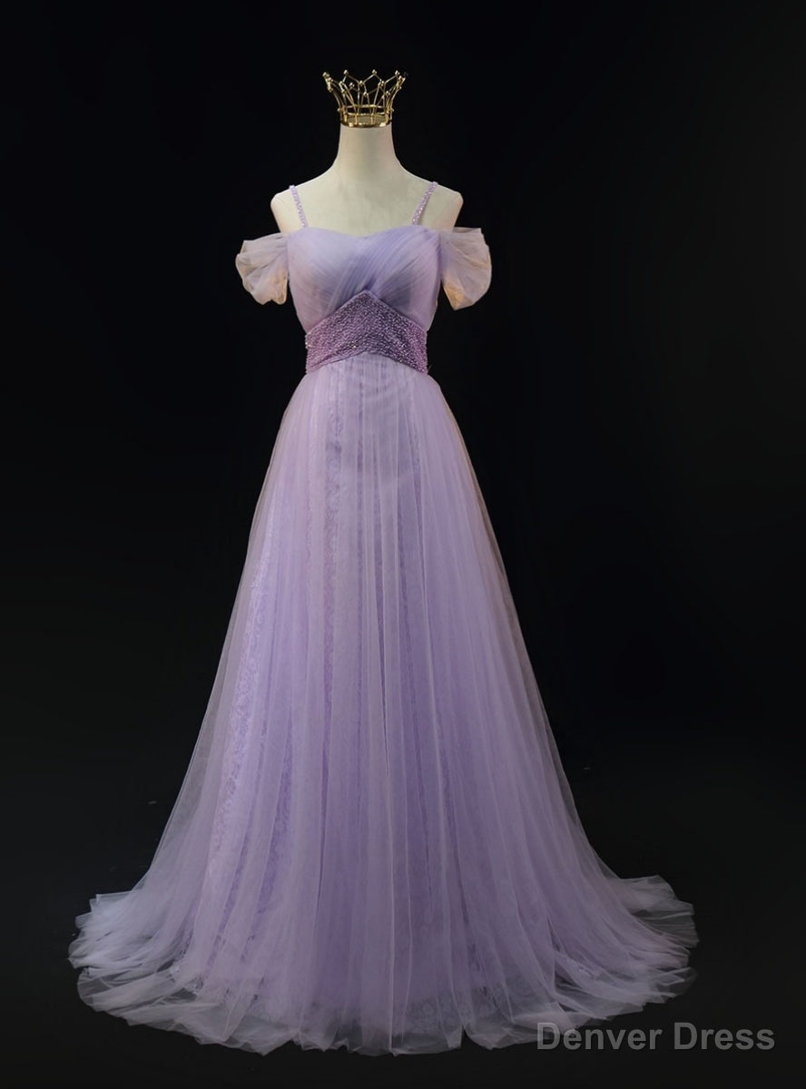 Purple Tulle Spaghetti Straps Beading Prom Dresses Main image