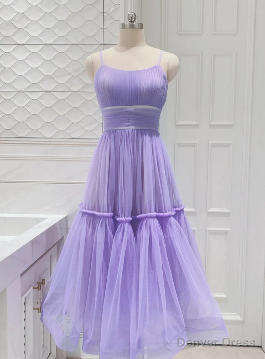 Purple Tulle Spaghetti Straps Pleat Prom Dress Main image
