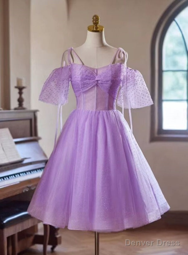 Purple Tulle Spaghetti Straps Pleats Homecoming Dresses Main image