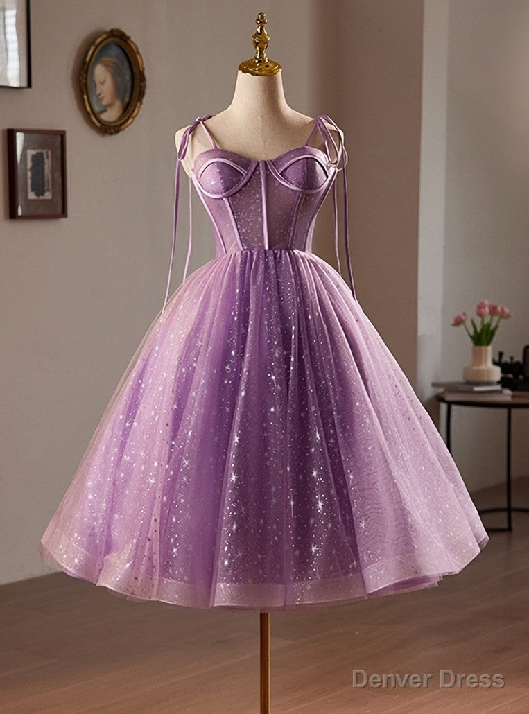 Purple Tulle Spaghetti Straps Tea Length Homecoming Dresses Main image