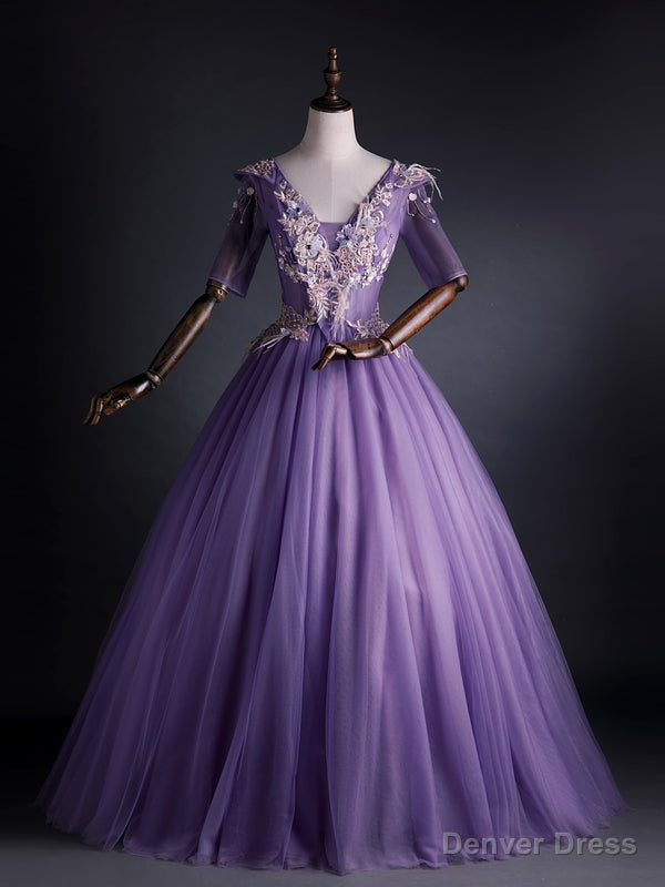 Purple Tulle V-neck Appliques Short Sleeve Quinceanera Dress