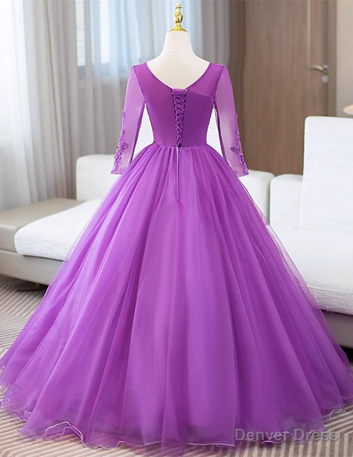 Purple Tulle with Lace Applique Long Sleeves Prom Dress, Purple Tulle Prom Dresses