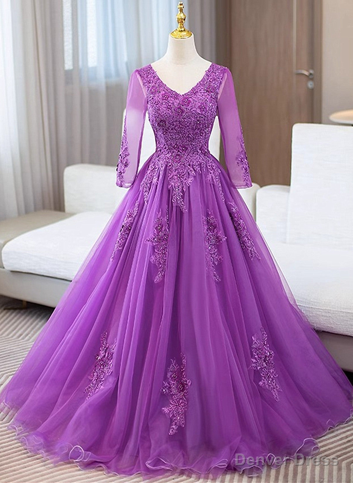 Purple Tulle with Lace Applique Long Sleeves Prom Dress, Purple Tulle Prom Dresses Main image