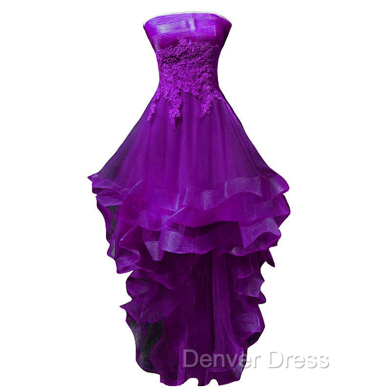 Purple Tulle With Lace High Low Party Dresses Formal Dresses, Purple Homecoming Dresses