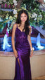 Purple V-Neck Appliques Lace Prom Dresses With Side Slit