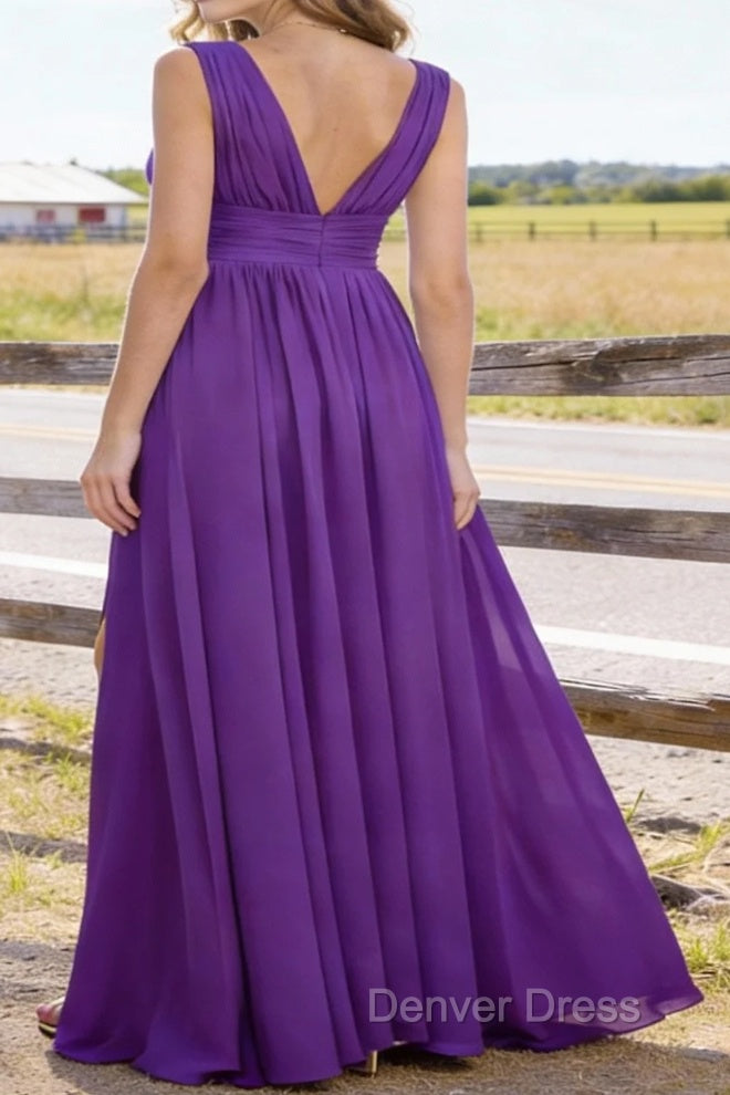 Purple V Neck Chiffon Floor Length Bridesmaid Dress Long Bridesmaid Dresses With Pleated Split