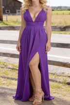 Purple V Neck Chiffon Floor Length Bridesmaid Dress Long Bridesmaid Dresses With Pleated Split