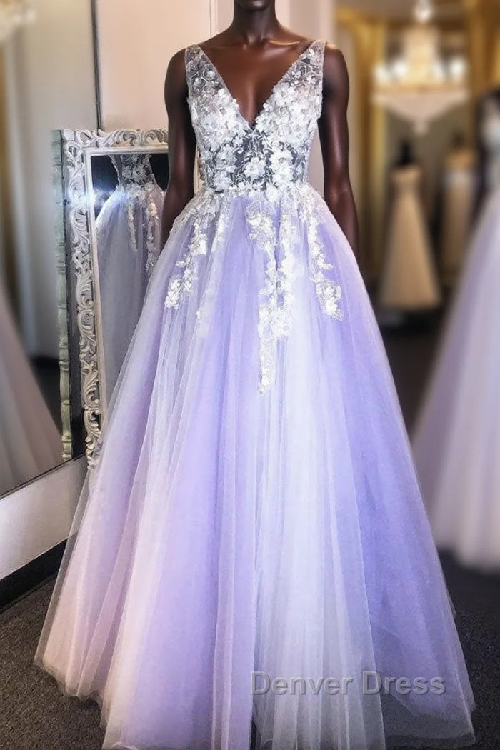 Purple v neck lace applique long prom Dress purple Prom Dresses Main image