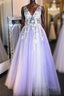 Purple v neck lace applique long prom Dress purple Prom Dresses