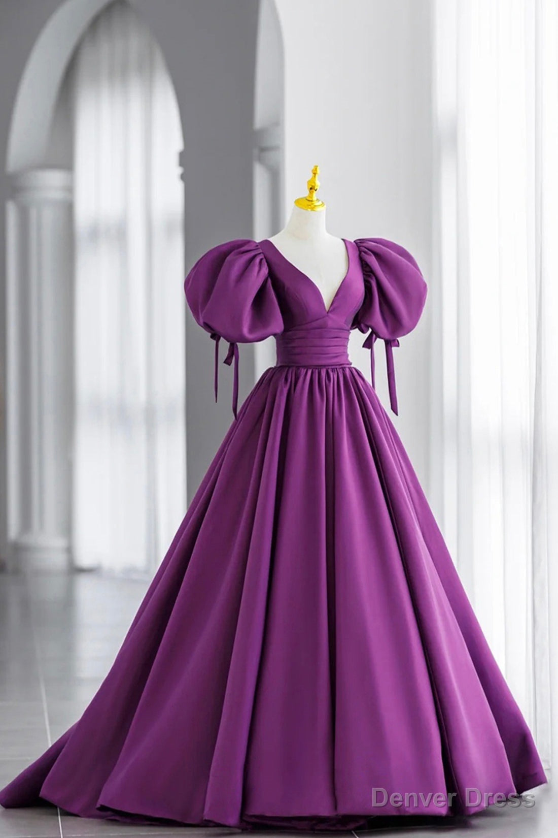 Purple V-Neck Satin Long Formal Evening Dress, A-Line Puff Sleeve Party Dress Main image