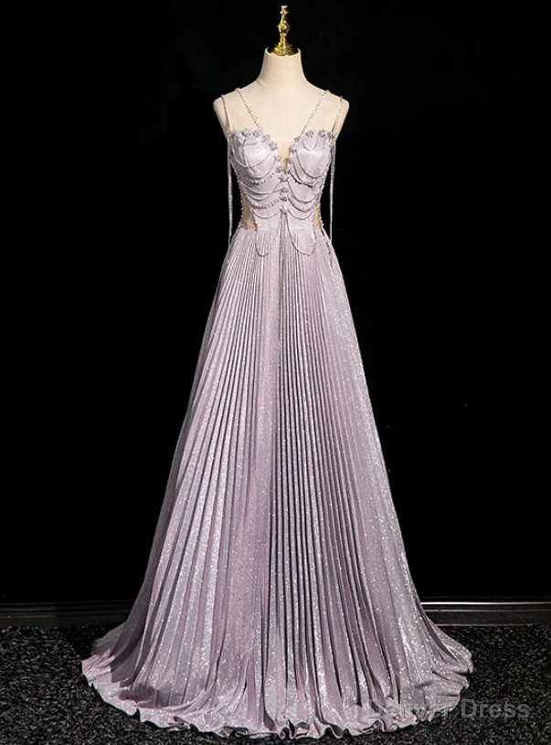 Purple V Neck Straps Beading Prom Dresses