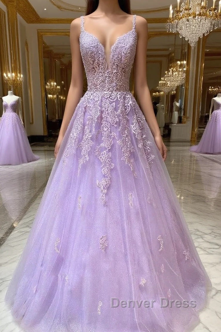 Purple v neck tulle lace long prom Dress purple lace Prom Dresses Main image