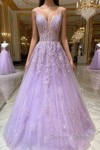 Purple v neck tulle lace long prom Dress purple lace Prom Dresses