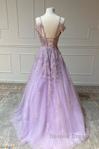 Purple v neck tulle lace long prom Dress purple lace Prom Dresses