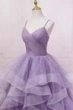 Purple V Neck Tulle Long Prom Dress, Spaghetti Straps A Line Prom Dresses