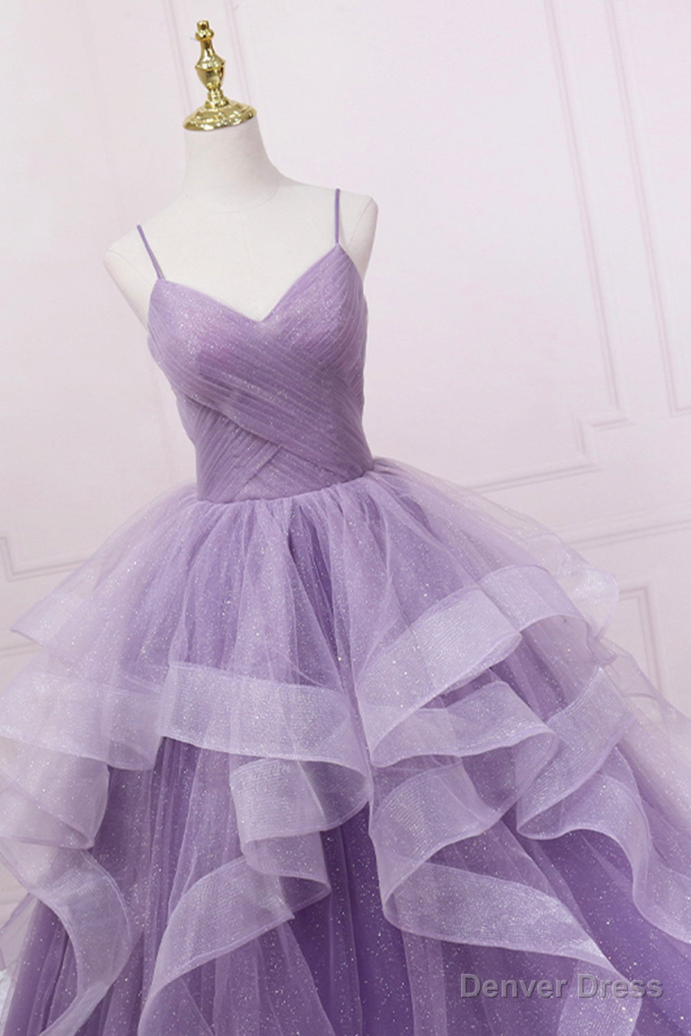 Purple V Neck Tulle Long Prom Dress, Spaghetti Straps A Line Prom Dresses