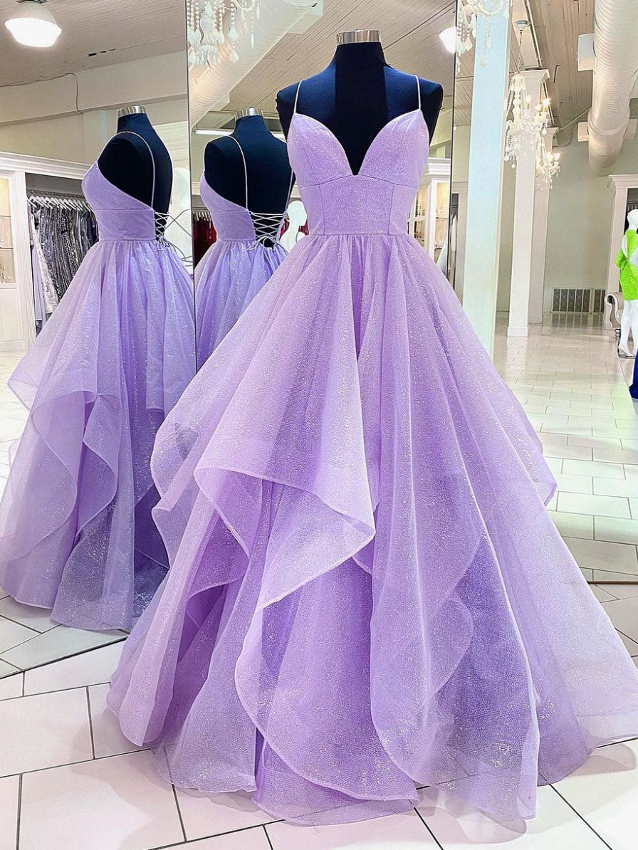 Purple V Neck Tulle Sequin Long Prom Dresses, Purple Evening Dresses