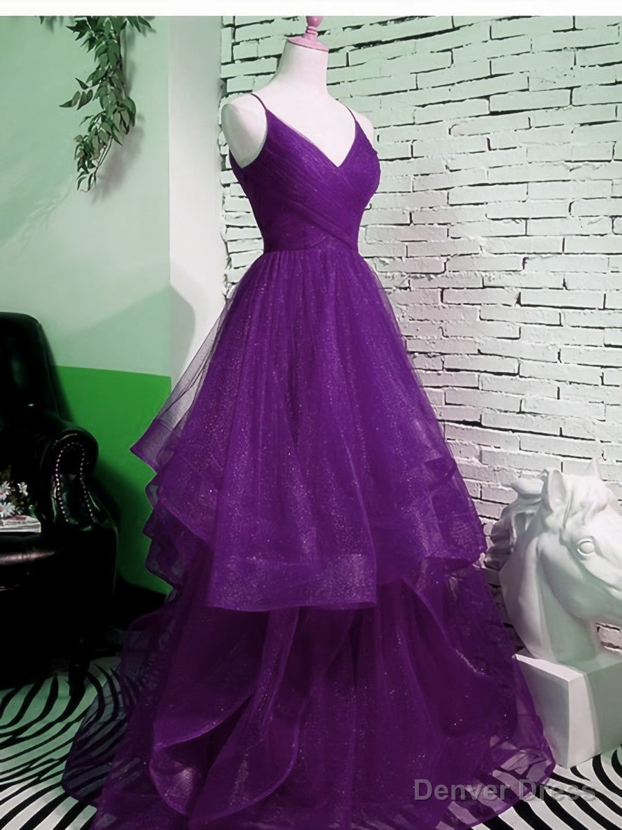 Purple V-neckline Straps Layers Tulle Party Gown, Purple Evening Dress Main image