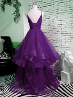 Purple V Neckline Straps Layers Tulle Prom Gowns, Purple Prom Dresses