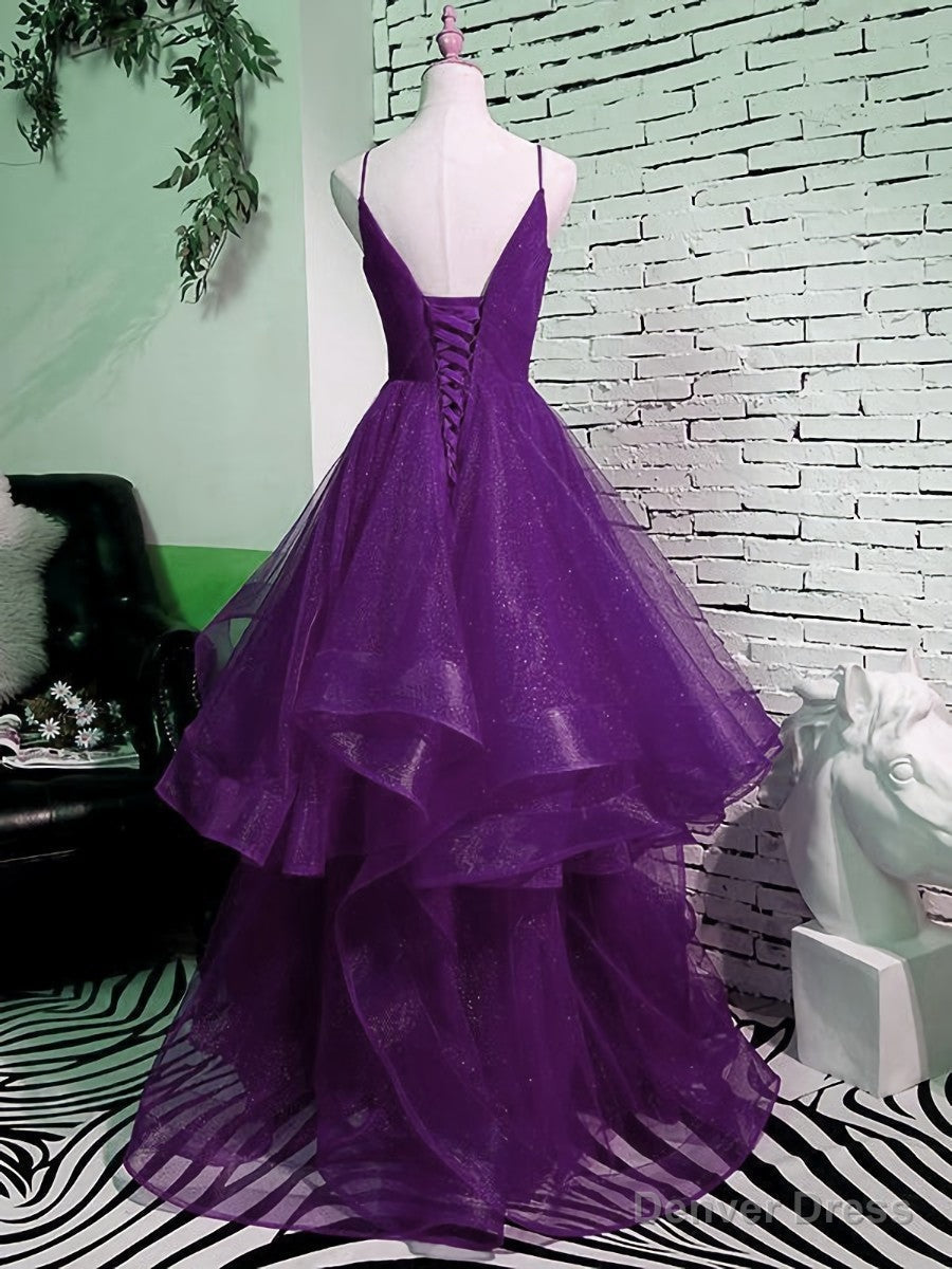 Purple V Neckline Straps Layers Tulle Prom Gowns, Purple Prom Dresses
