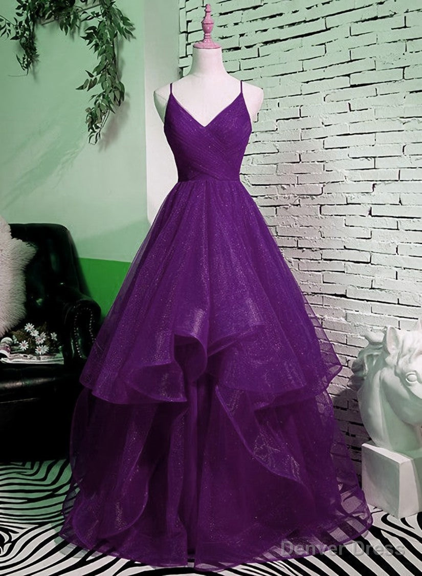 Purple V Neckline Straps Layers Tulle Prom Gowns, Purple Prom Dresses Secondary image