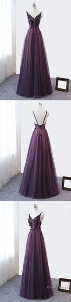 Purple V Neckline Tulle Lace Applique Prom Dress, Purple Prom Dress