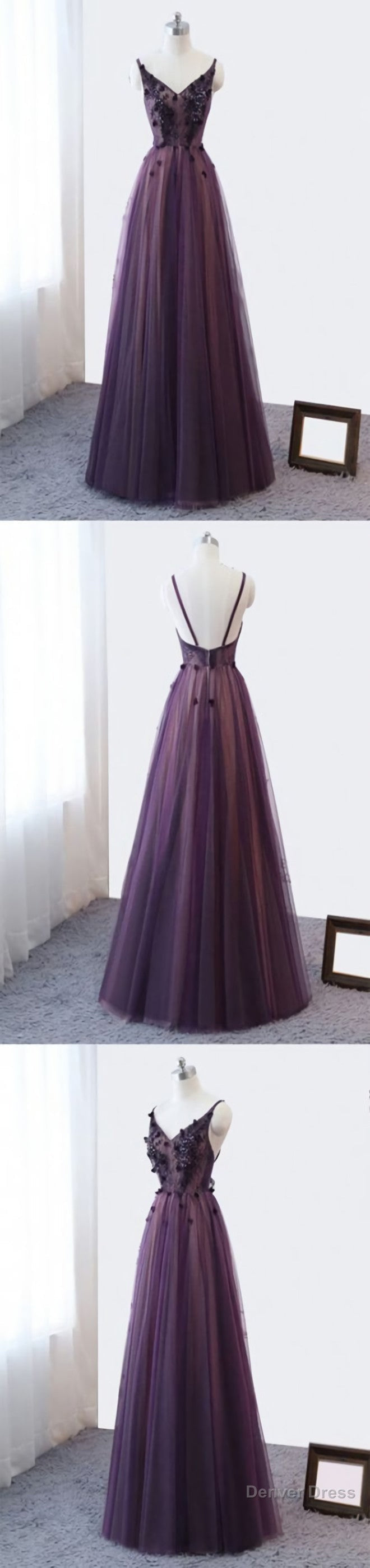 Purple V Neckline Tulle Lace Applique Prom Dress, Purple Prom Dress