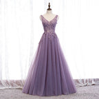Purple V Neckline Tulle with Lace Floor Length Prom Dress Prom Dress,Purple Prom Dresses