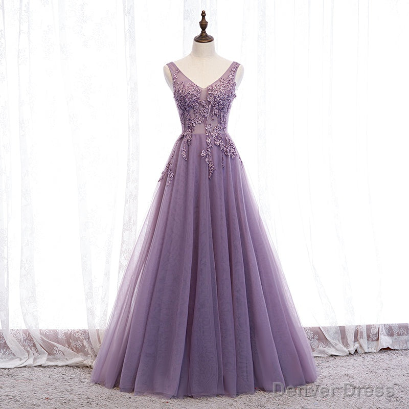 Purple V Neckline Tulle with Lace Floor Length Prom Dress Prom Dress,Purple Prom Dresses