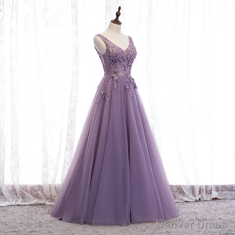 Purple V-neckline Tulle with Lace Floor Length Party Dress Evening Dress,Purple Prom Dress