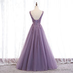 Purple V Neckline Tulle with Lace Floor Length Prom Dress Prom Dress,Purple Prom Dresses