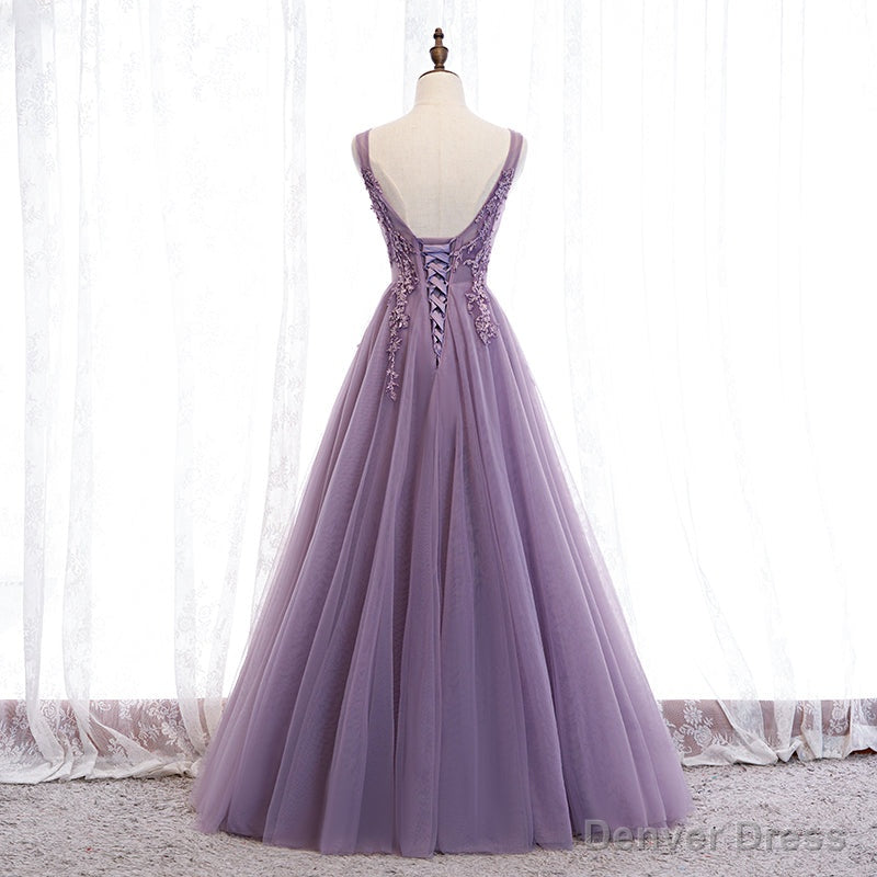 Purple V Neckline Tulle with Lace Floor Length Prom Dress Prom Dress,Purple Prom Dresses