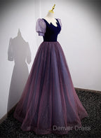 Purple Velvet And Tulle Short Sleeves Evening Dresses, Purple A-Line Formal Dresses Prom Dresses