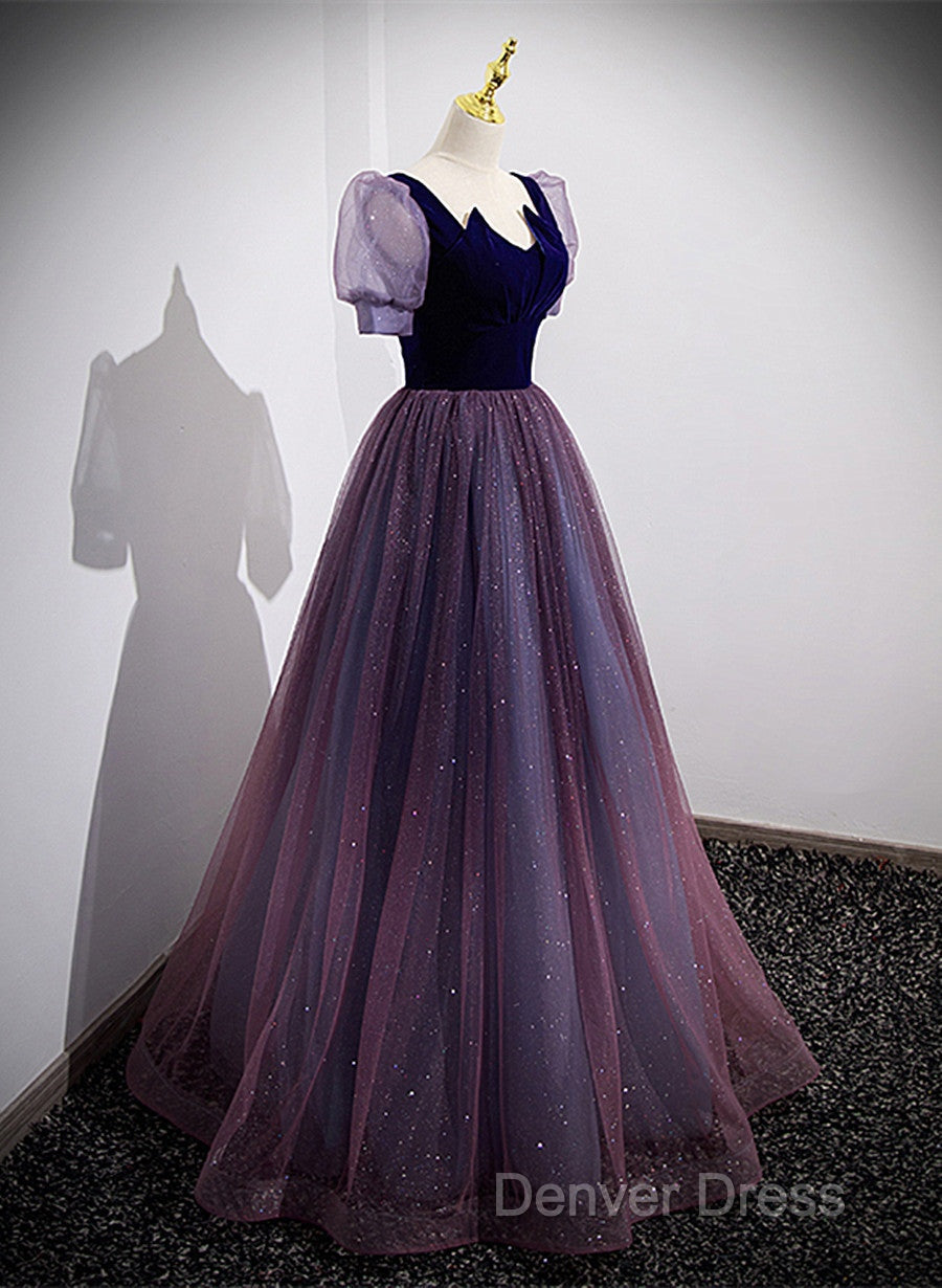 Purple Velvet And Tulle Short Sleeves Evening Dresses, Purple A-Line Formal Dresses Prom Dresses