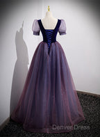 Purple Velvet And Tulle Short Sleeves Evening Dresses, Purple A-Line Formal Dresses Prom Dresses