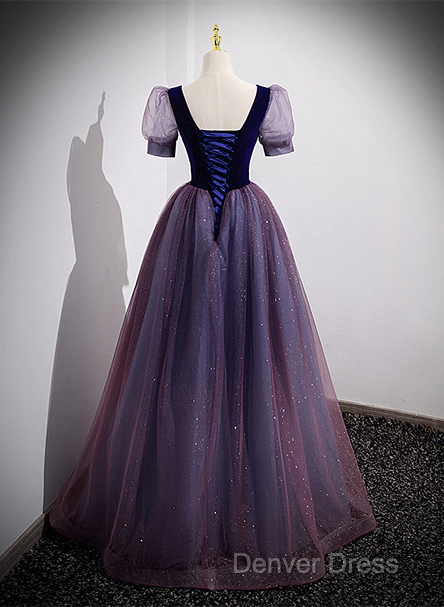Purple Velvet And Tulle Short Sleeves Evening Dresses, Purple A-Line Formal Dresses Prom Dresses